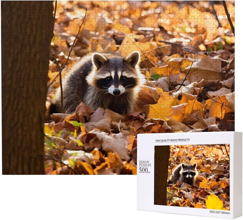 لغز بازل فايا راكون على أوراق الخريف 500 قطعة للكبار ديكور منزلي 20.4 × 15 بوصة - Image 1